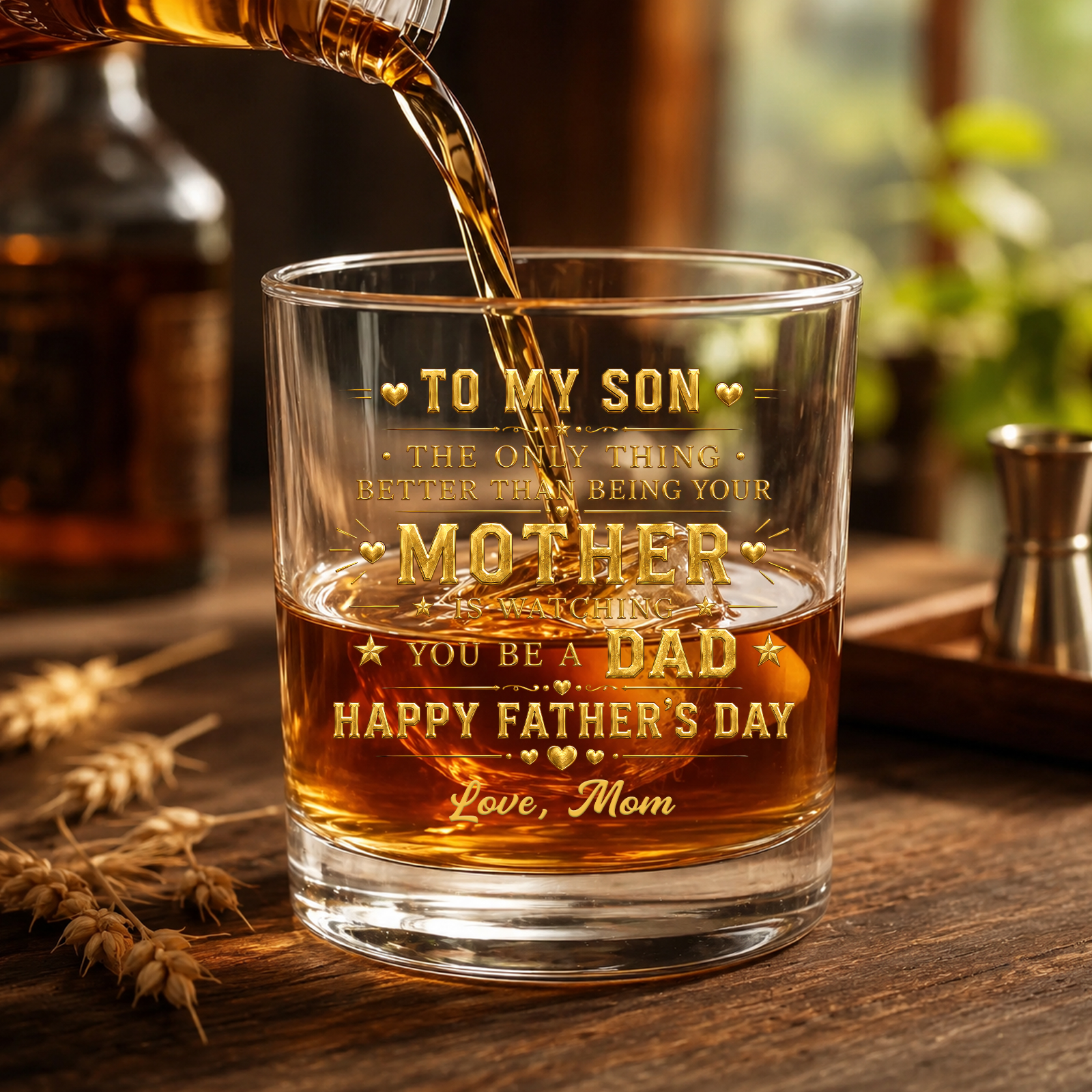 To My Son Mother to Dad Hearts, Personalized Whiskey Glass, Gift for Son
