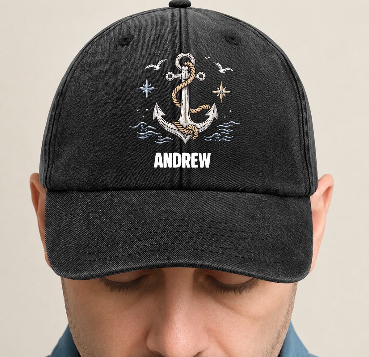 Washed Denim Baseball Cap with Boat Anchor and Nautical Flags - Coastal Style Unique Gift for Sailors and Boat Lovers