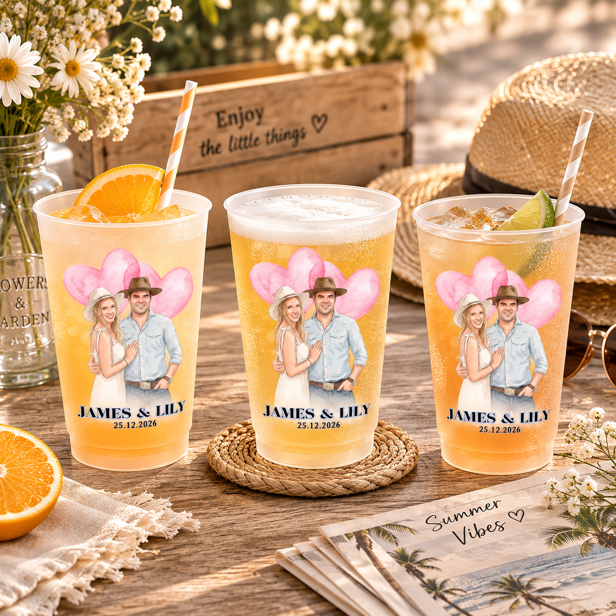 Custom Photo Watercolor Painting Couples Wedding Engaged Bachelor Party - Personalized Frosted Cups