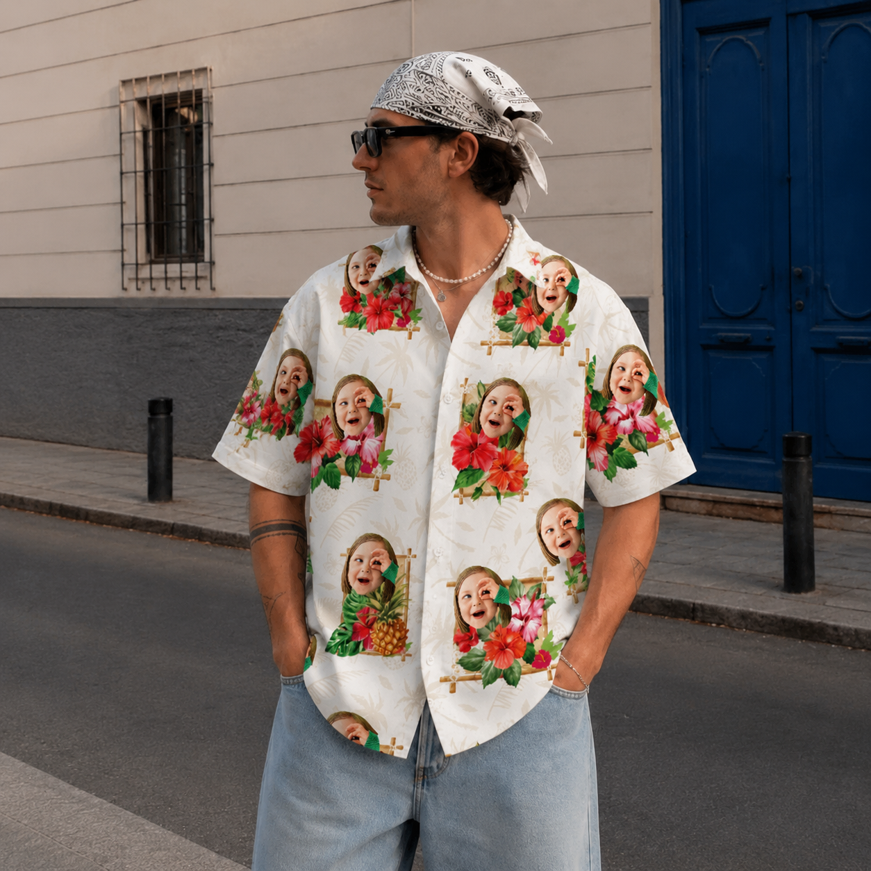 Custom Photo Hawaiian Shirt, Personalized Family Vacation Aloha Shirt, Matching Friends Beach Shirt, Tropical Hibiscus Portrait Shirt - Ideal Gift for Group Travel