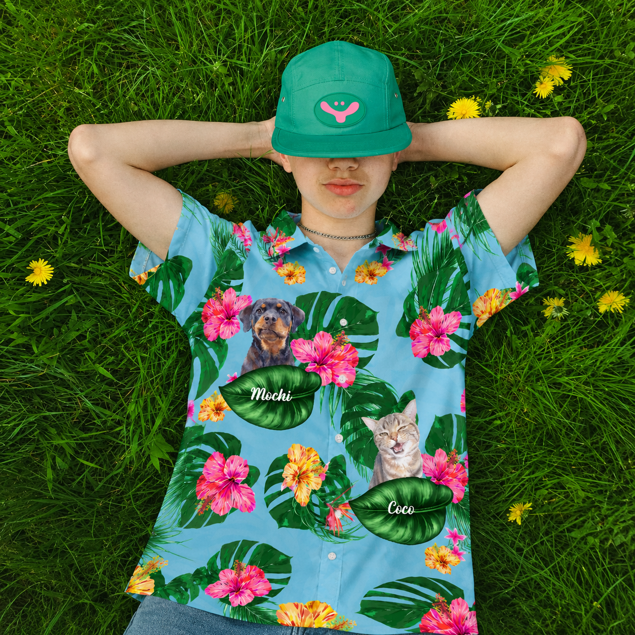 Tropical Pet Portrait Shirt - Custom Pet Photo and Name Hawaiian Shirt, Personalized Dog and Cat Aloha Shirt, Animal Lover Gift, Pet Mom Dad Vacation Outfit