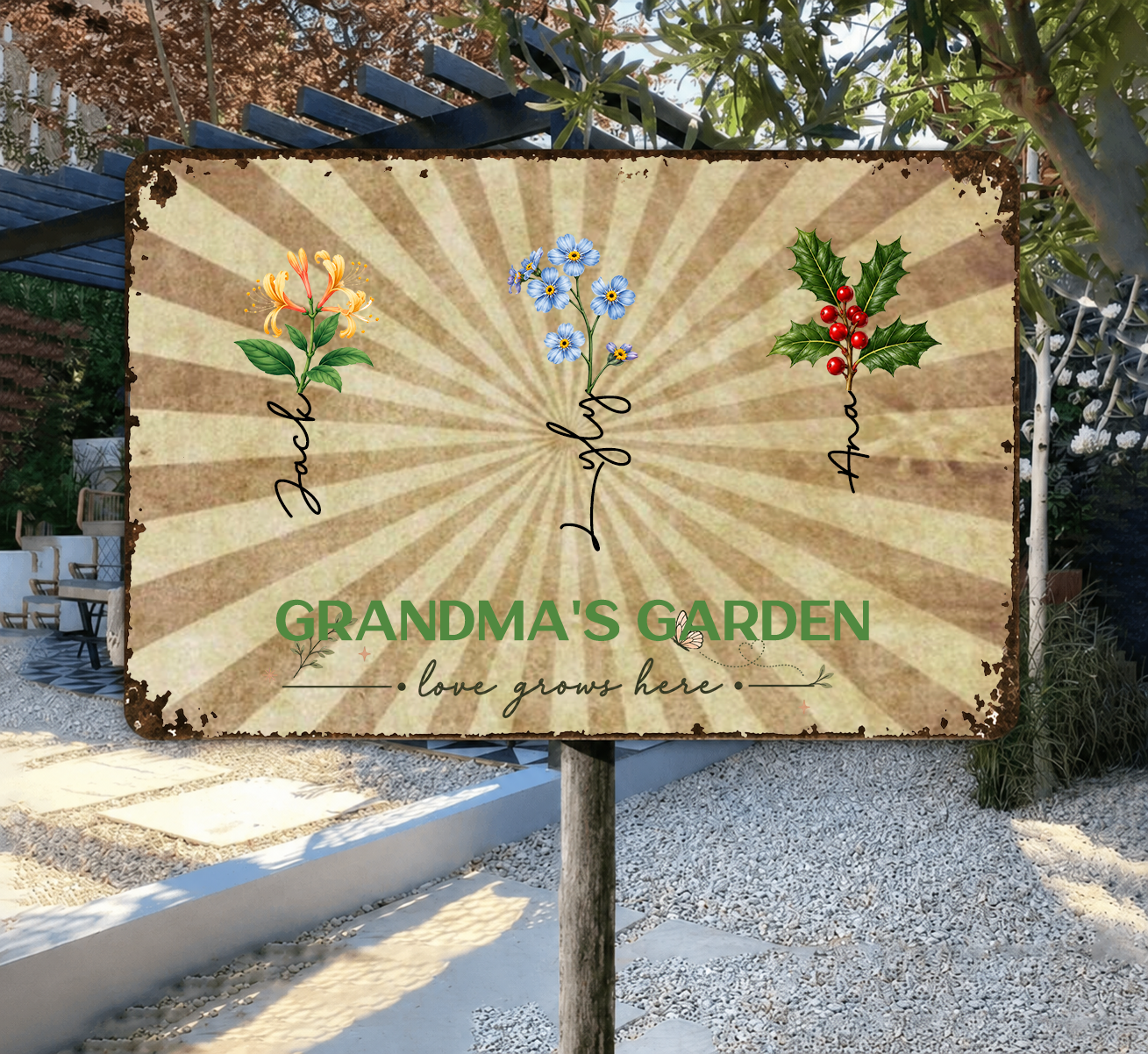 Rectangular Iron Sign – “Grandma’s Garden • Love Grows Here” Personalized Metal Plaque
