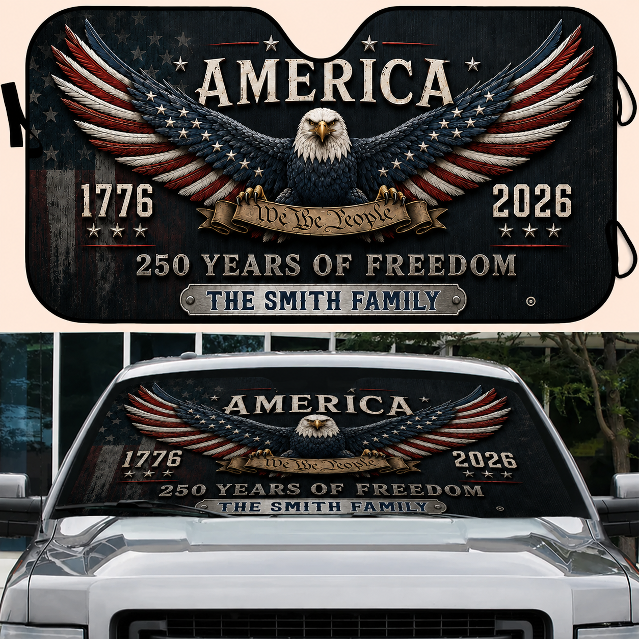 America 250 Years of Freedom, Personalized Auto Sunshade, USA Gift