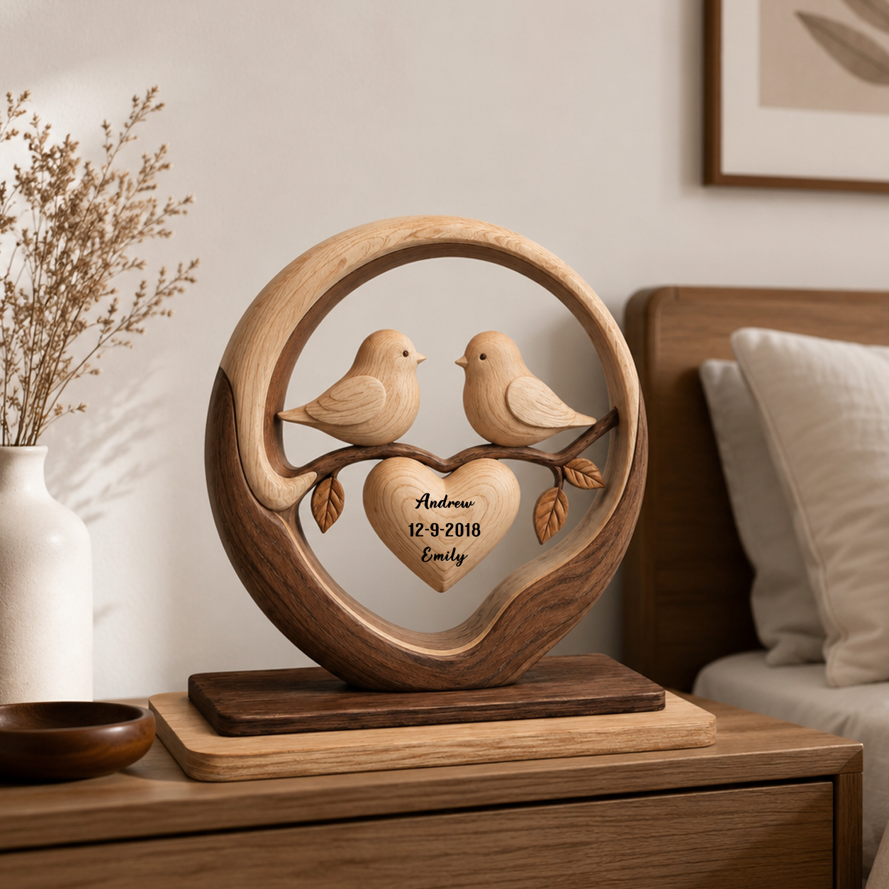 Celebrate Lasting Love, Personalized Birds In Heart Wood Plaque, Gift For Couples