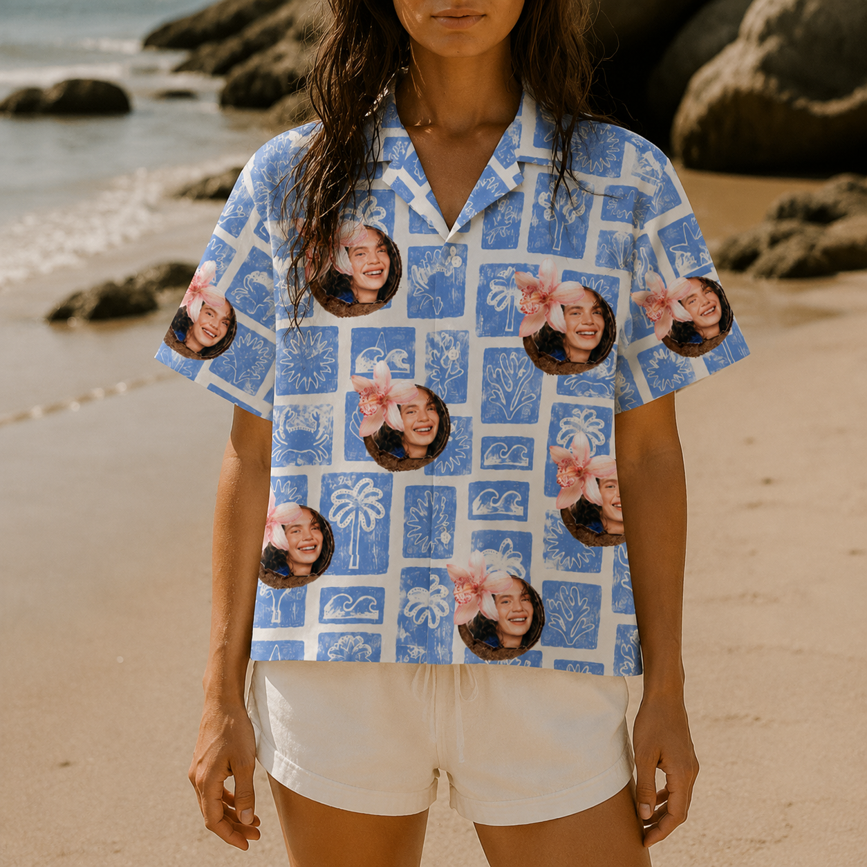 Personalized Face Hawaiian Shirt, Custom Photo Aloha Shirt, Blue Coastal Vacation Shirt, Matching Family Friends Beach Outfit, Tropical Group Trip Gift