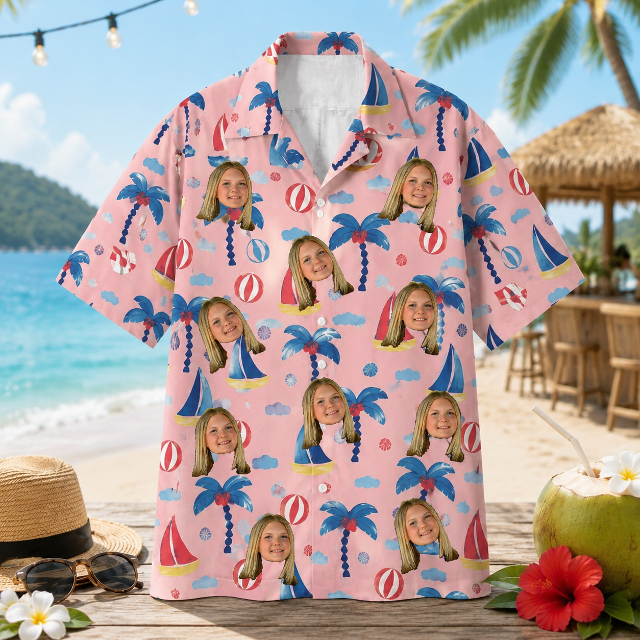 Personalized Custom Face Hawaiian Shirt Sailboat Beach Summer Vacation Gift