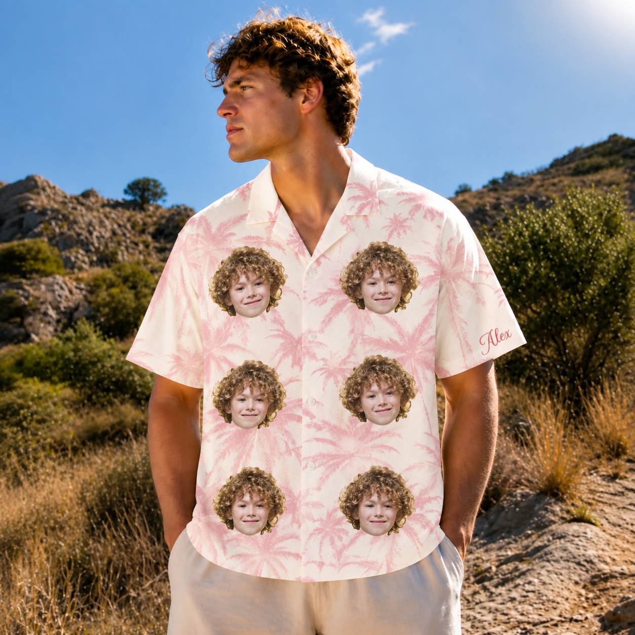 Personalized Face Hawaiian Shirt with Name, Custom Photo Pink Palm Shirt, Family Friends Group Shirt, Personalized Resort Button Up Gift