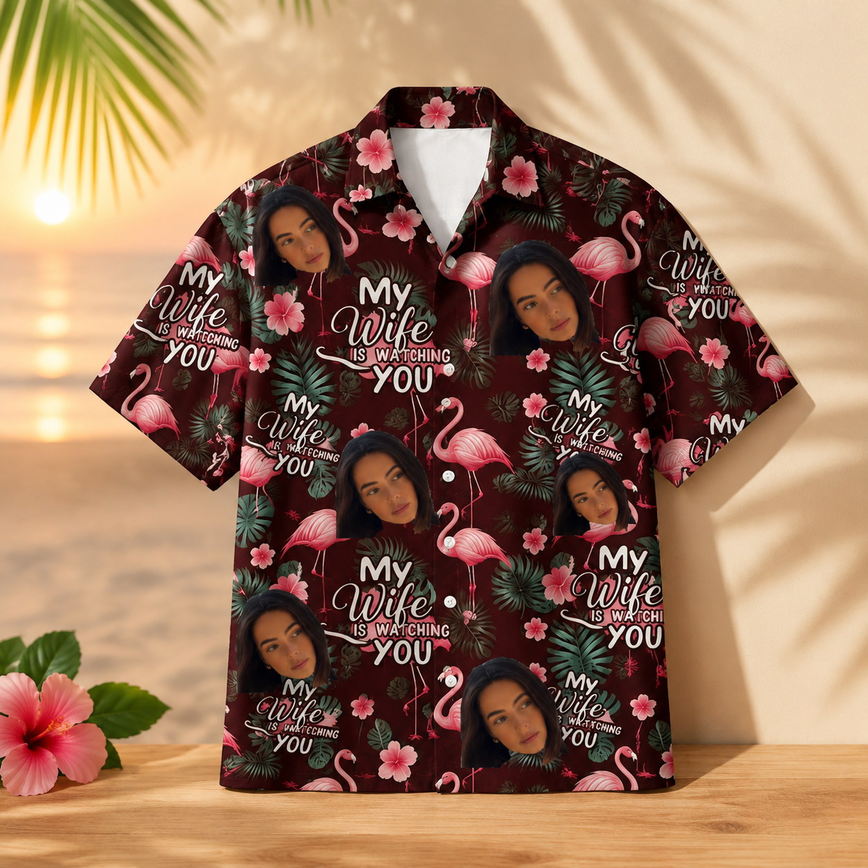 Personalized My Wife Is Watching You Shirt, Custom Face Hawaiian Shirt, Tropical Flamingo Vacation Shirt