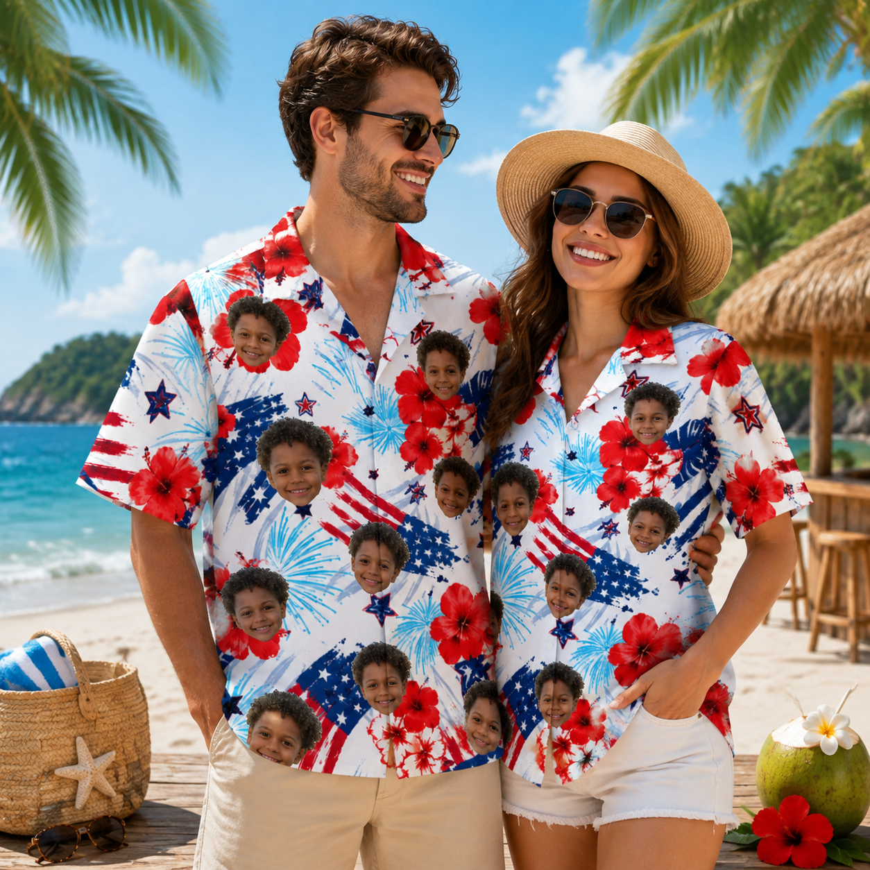 Personalized Custom Face Hawaiian Shirt Patriotic Floral Summer Vacation Gift
