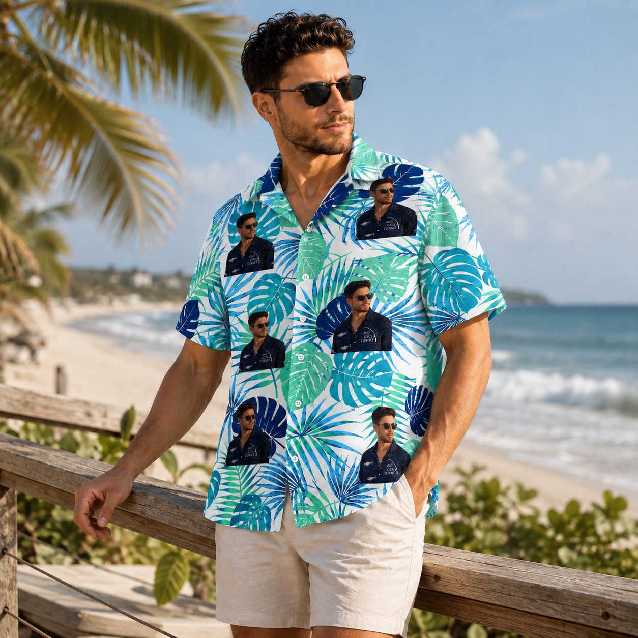 Tropical Palm Leaf Hawaiian Shirt - Personalized Hawaiian Shirt with Your Portrait