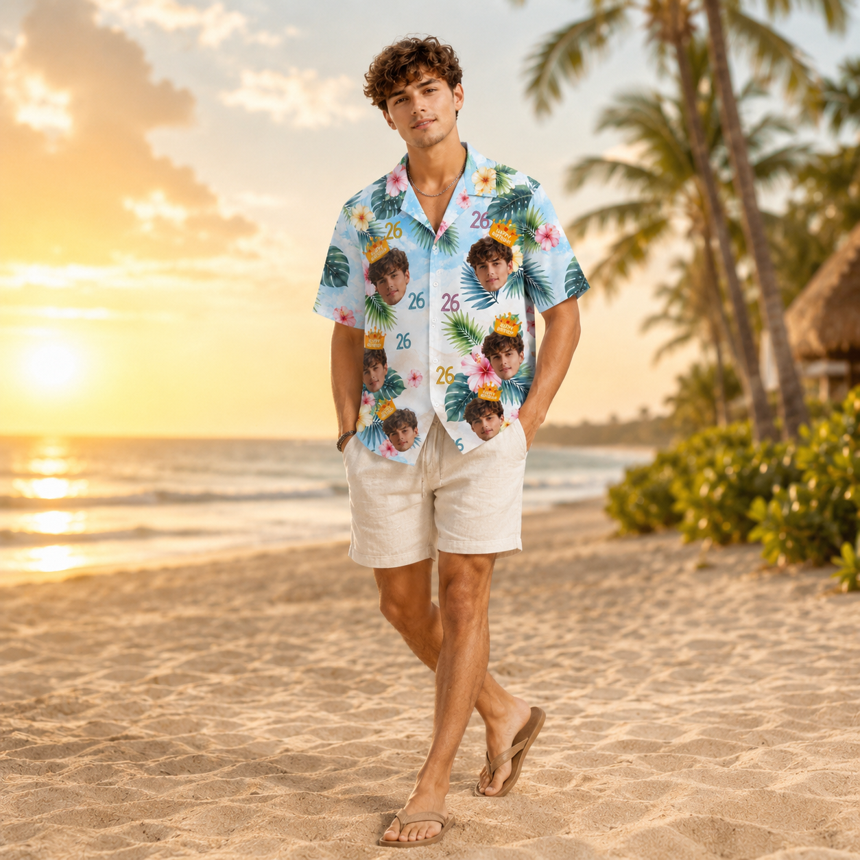 Tropical Palm Leaf Design Custom Birthday Hawaiian Shirt - Face Photo and Age Personalized Shirt