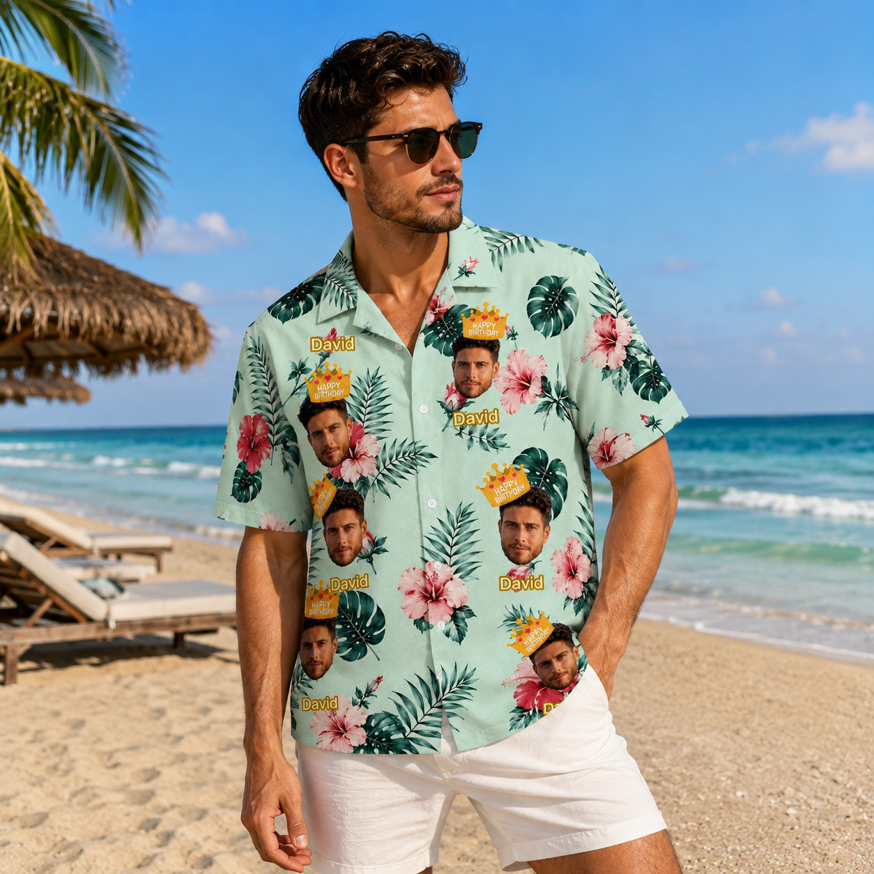 Tropical Hibiscus and Palm Leaf Hawaiian Shirt - Personalized Face Birthday and Name Hawaiian Shirt