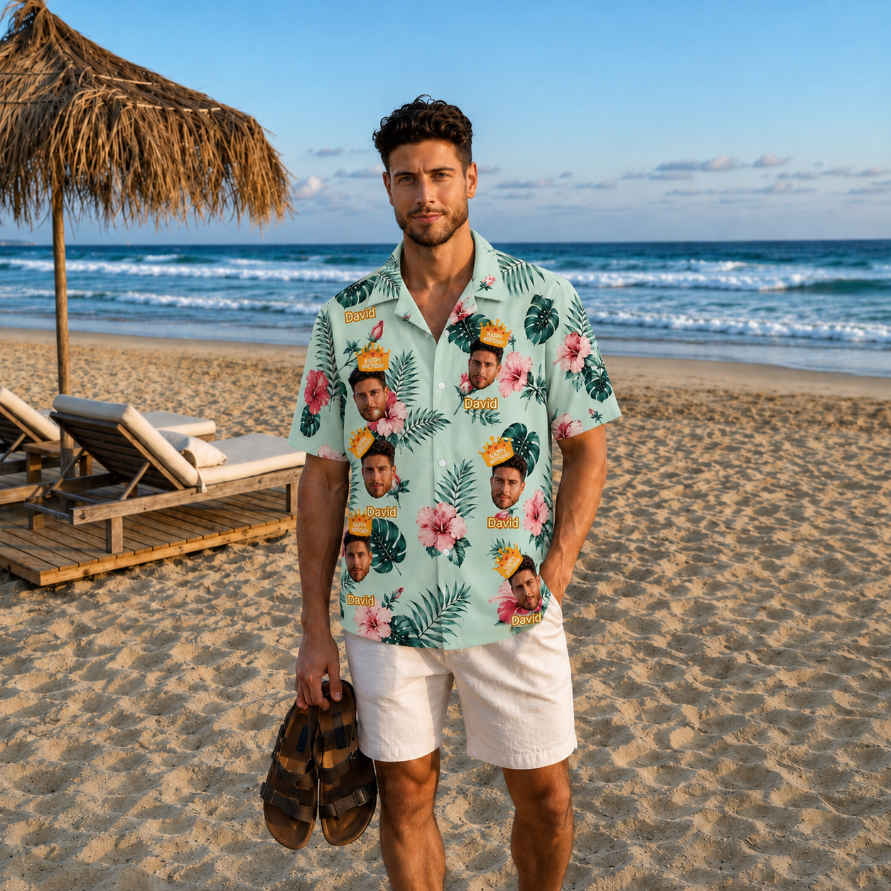 Tropical Hibiscus and Palm Leaf Hawaiian Shirt - Personalized Face Birthday and Name Hawaiian Shirt