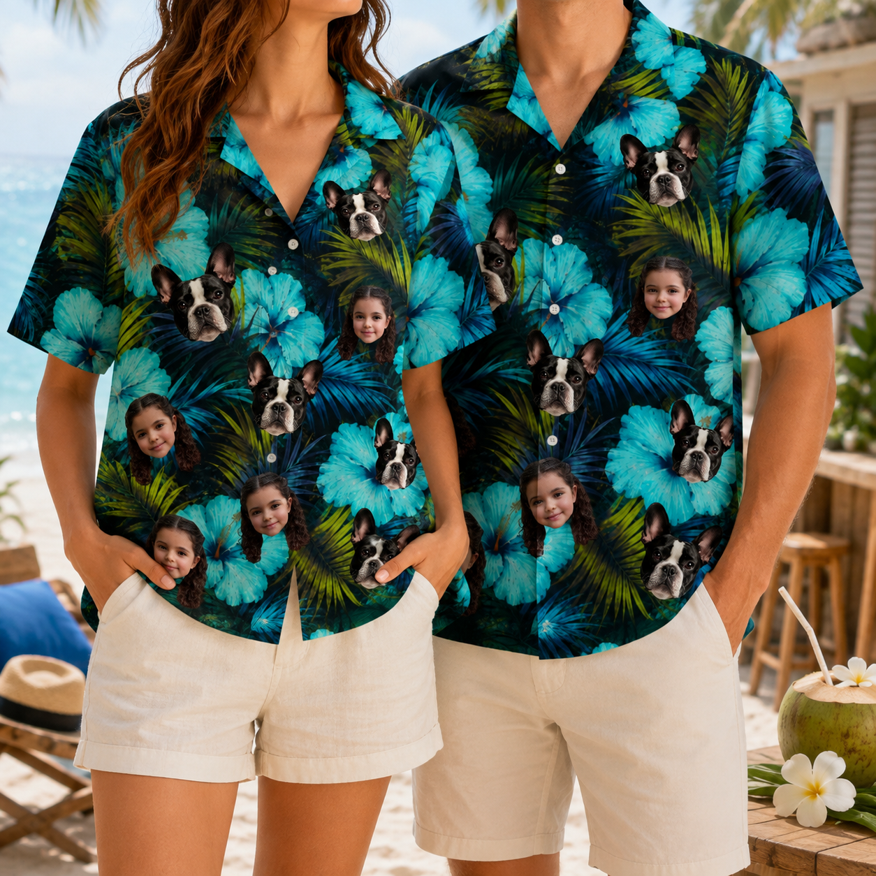 Personalized Custom Face Hawaiian Shirt Blue Hibiscus Human Pet Tropical Vacation Gift
