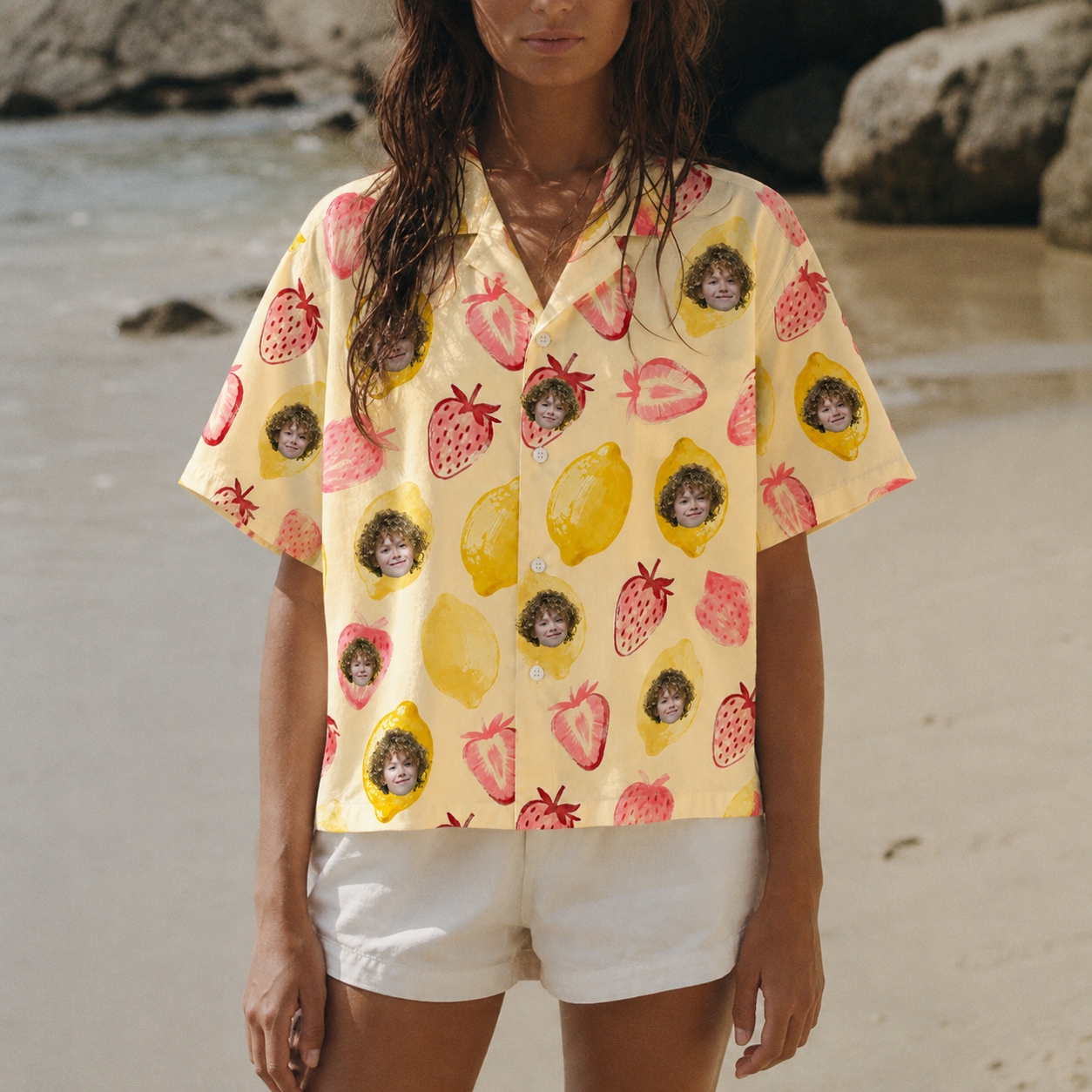Sweet Escape Hawaiian Shirt – Personalized Face Lemon & Strawberry Aloha Shirt, Custom Family Friends Summer Vacation Outfit
