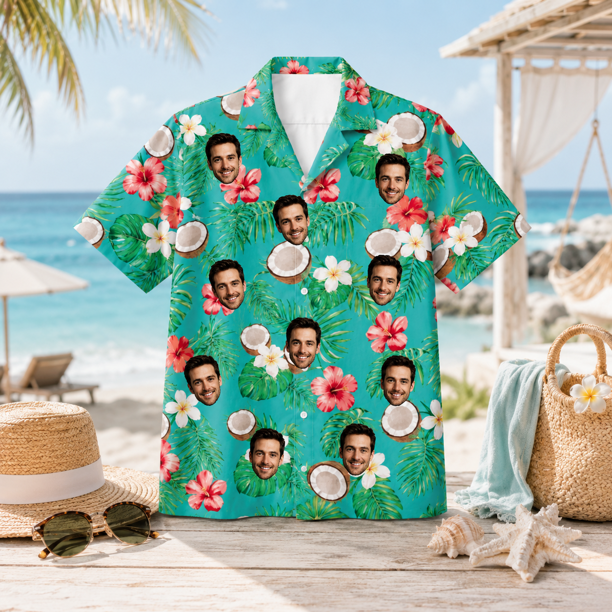 Personalized Custom Face Hawaiian Shirt Coconut Floral Tropical Beach Vacation Gift