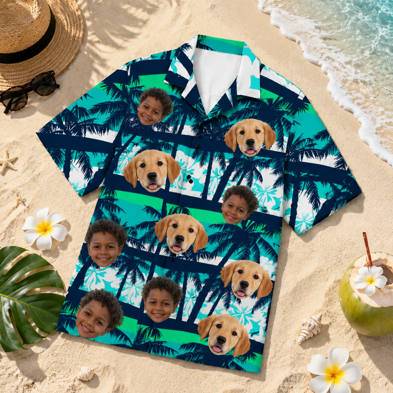 Personalized Custom Face Hawaiian Shirt Human Pet Tropical Palm Beach Vacation Gift