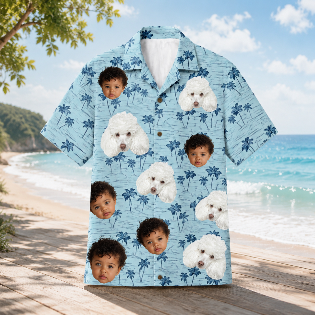 Personalized Custom Photo Hawaiian Shirt Human Pet Palm Tree Tropical Beach Gift