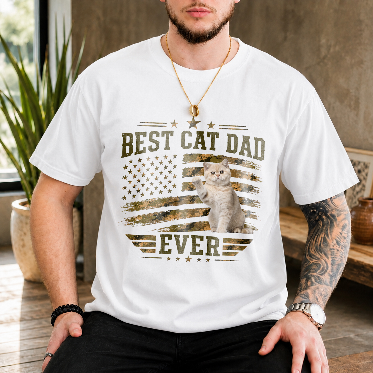 Personalized Classic Tee With Custom Photo Cat Art, Unique Gift for Dad & Cat Lovers