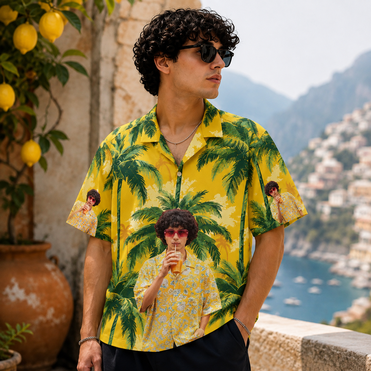 Vacation Poster Hawaiian Shirt – Personalized Full Body Photo Aloha Shirt, Custom Palm Scene Gift for Family, Friends & Summer Trips