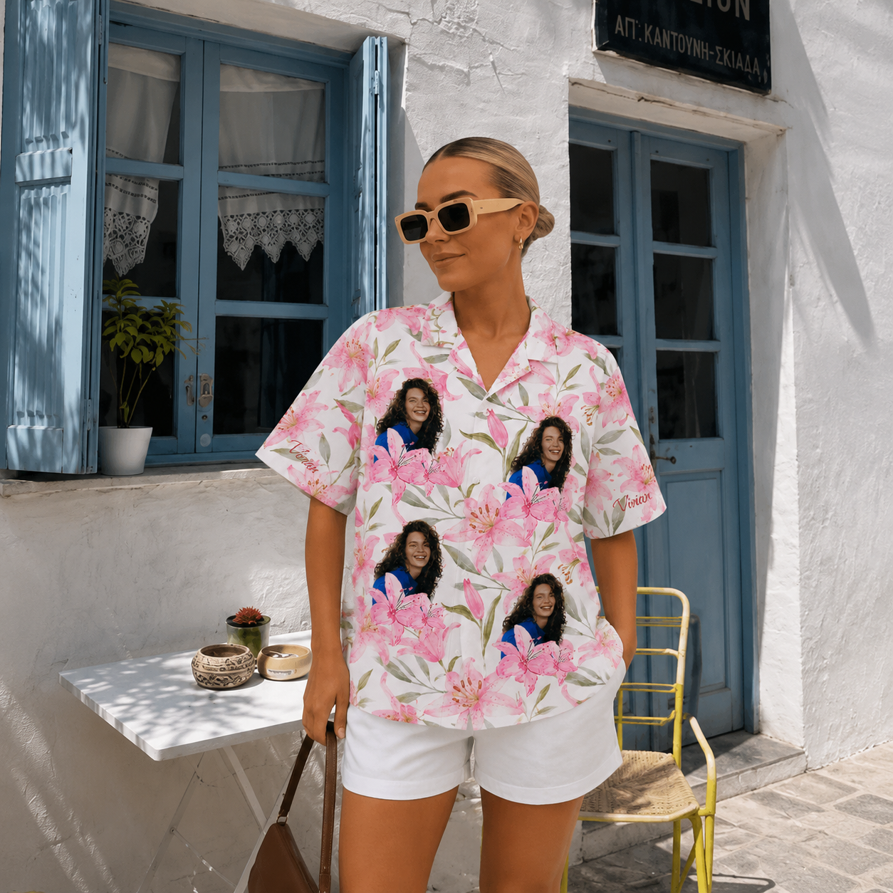 Custom Photo Name Hawaiian Shirt, Personalized Pink Lily Aloha Shirt, Floral Portrait Shirt, Family Friends Gift, Custom Vacation Button Up