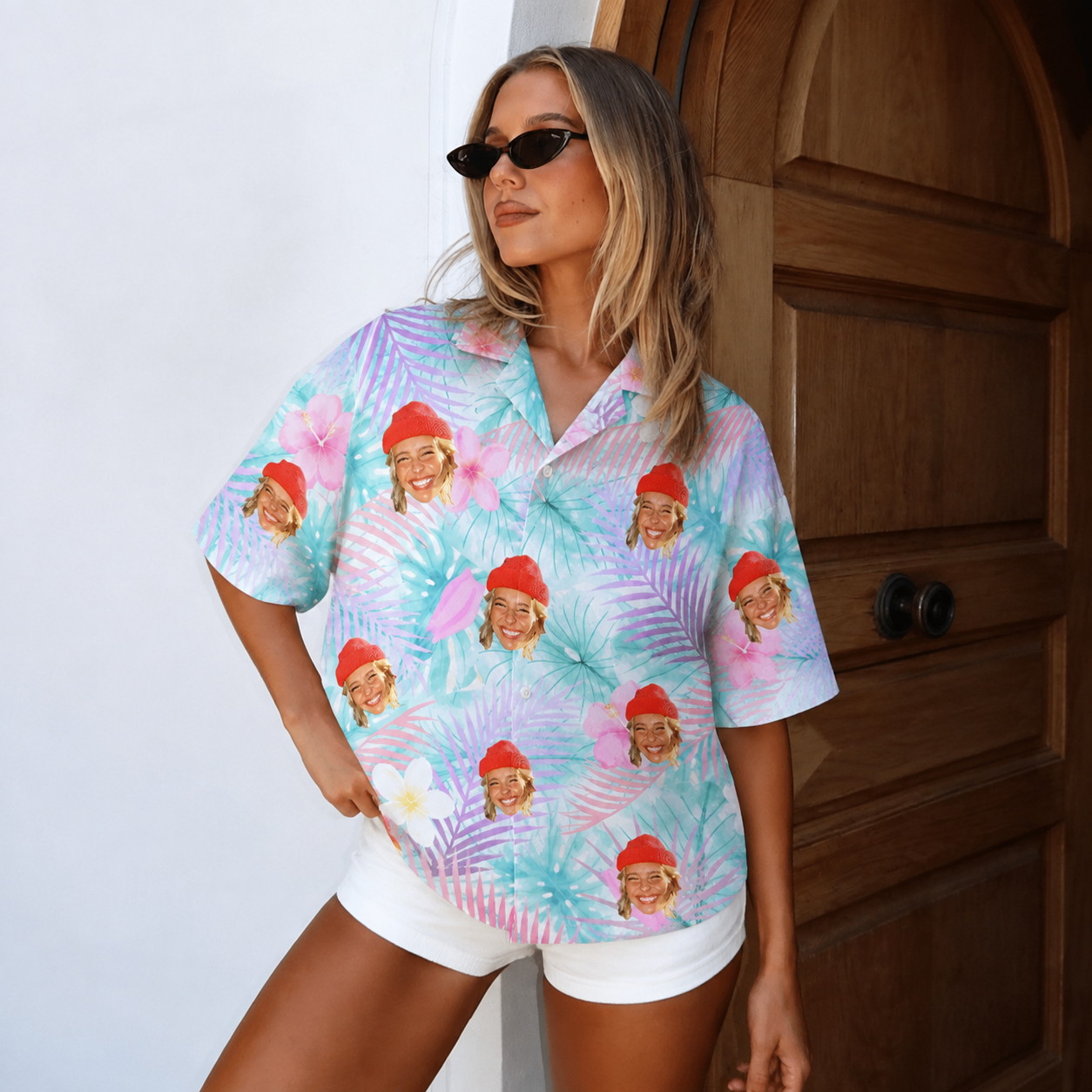 Custom Face Hawaiian Shirt, Personalized Pastel Palm Aloha Shirt, Tropical Photo Button Up, Family Friends Vacation Gift, Custom Portrait Summer Shirt