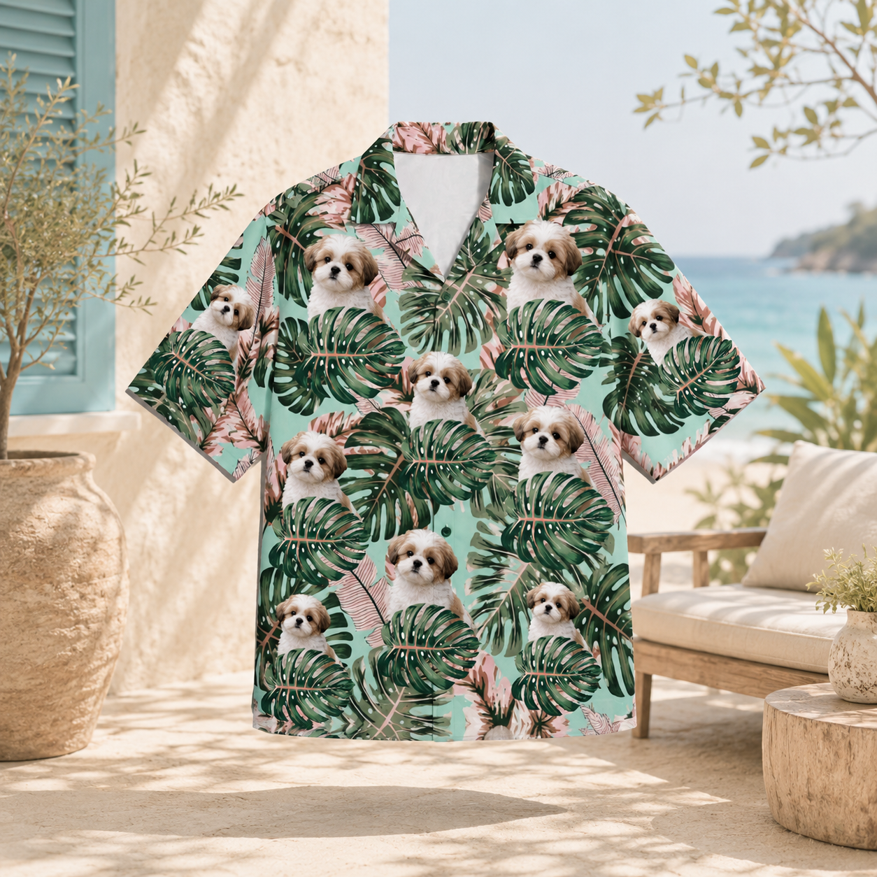 Personalized Custom Photo Hawaiian Shirt Tropical Leaf Human Pet Vacation Gift