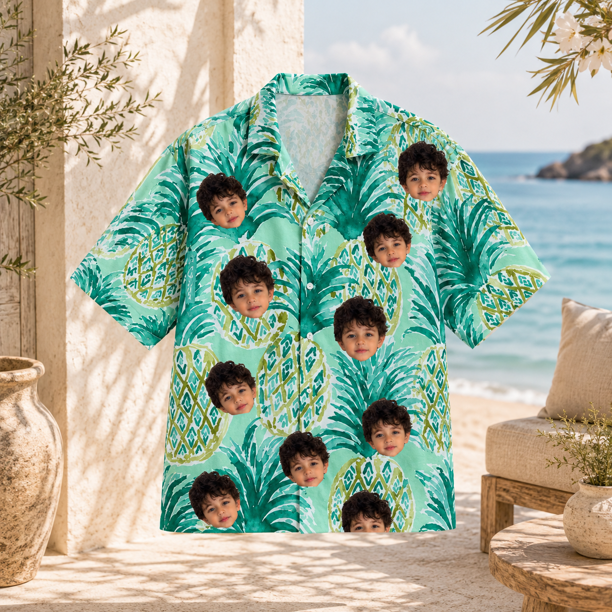 Personalized Custom Face Hawaiian Shirt Pineapple Tropical Green Vacation Gift