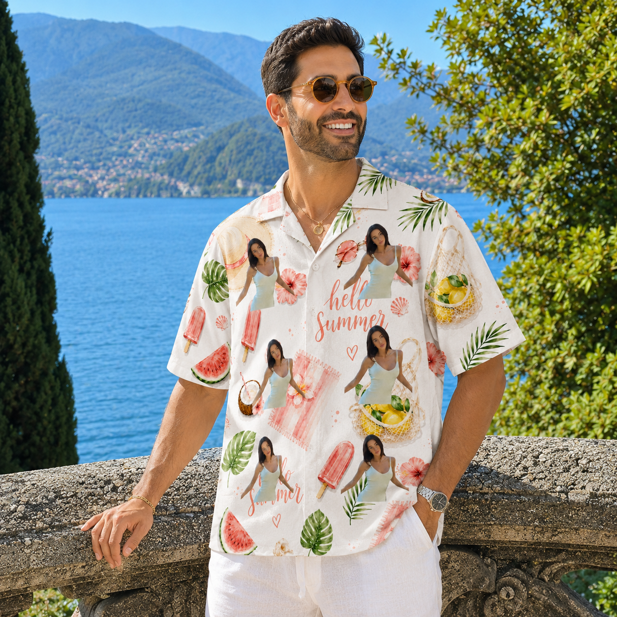 Hello Summer Beach Shirt -  Personalized Summer Hawaiian Shirt, Custom Photo Tropical Shirt