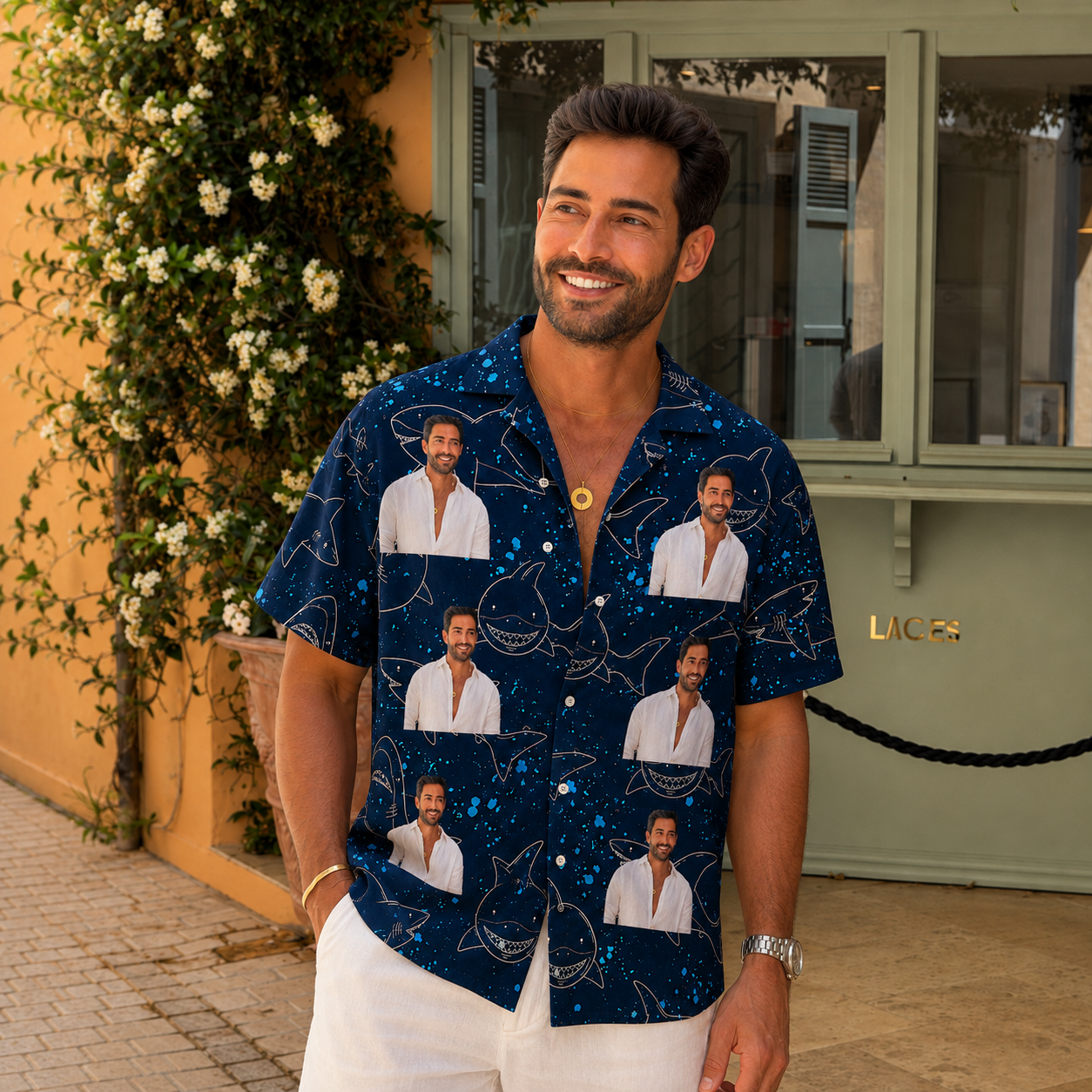 Shark Print Beachwear - Personalized Ocean Hawaiian Shirt, Custom Portrait Photo Shirt