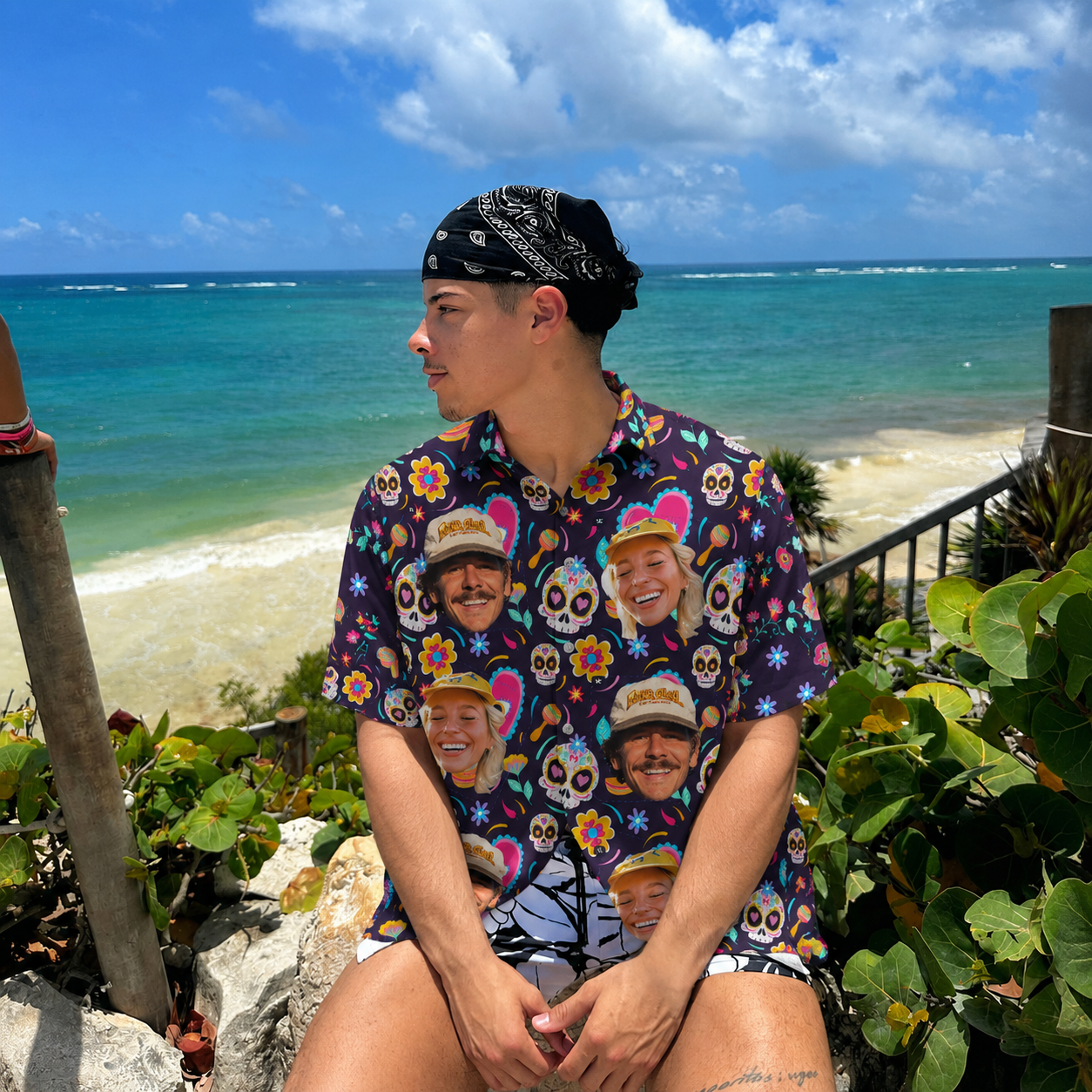 Custom Photo Hawaiian Shirt for Couples Family Friends, Personalized Sugar Skull Aloha Shirt, Matching Group Vacation Shirt, Fiesta Party Button Up