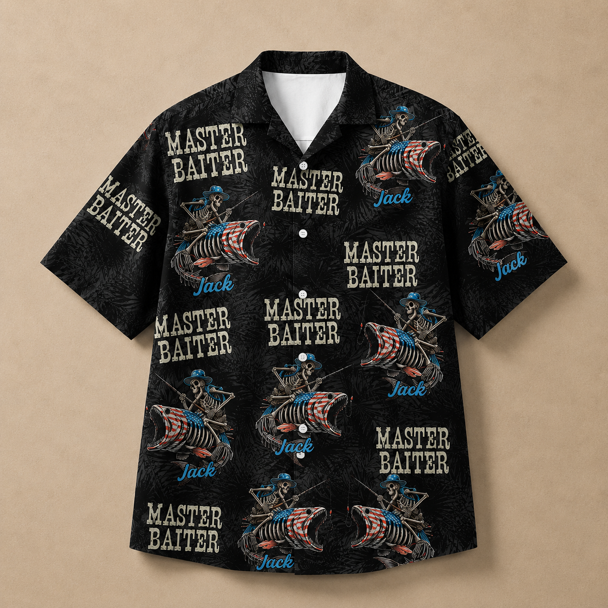 Master Baiter Skull Angler Tropical Button Up Shirt for Fishermen - Personalized Fishing Hawaiian Shirt with Custom Name