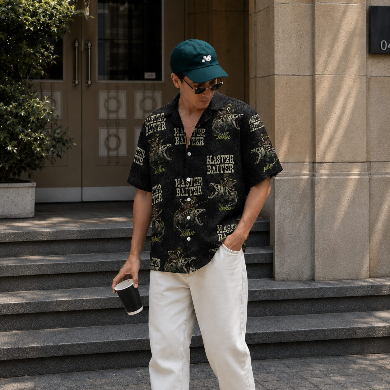 Master Baiter Skull Angler Tropical Button Up Shirt for Fishermen - Personalized Fishing Hawaiian Shirt with Custom Name