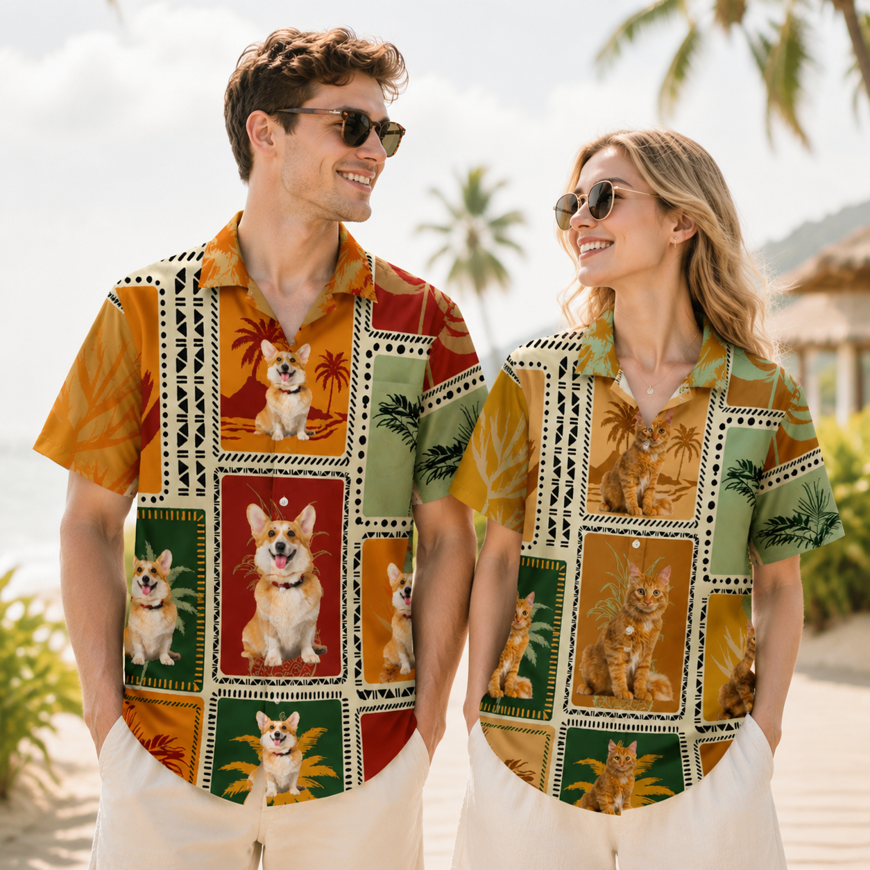 Retro Tropical Cat Hawaiian Shirt Custom Pet Portrait Personalized Vacation Shirt