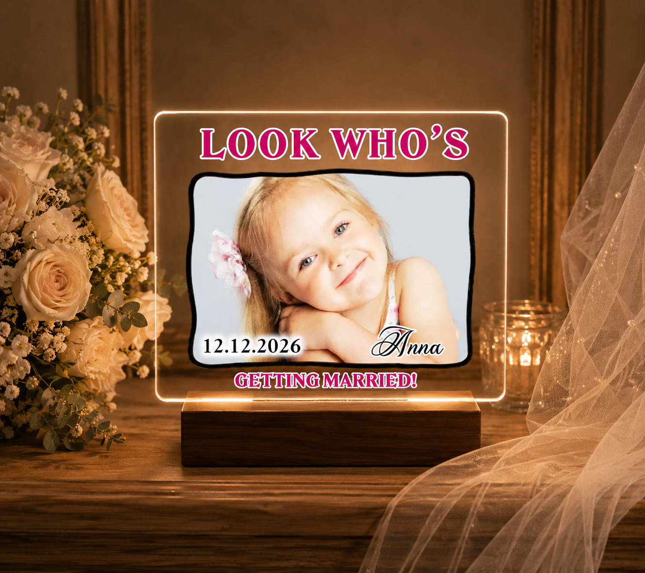 Personalized "Look Who's Getting Married!" LED Acrylic Night Light, Custom Photo Wedding & Engagement Table Lamp