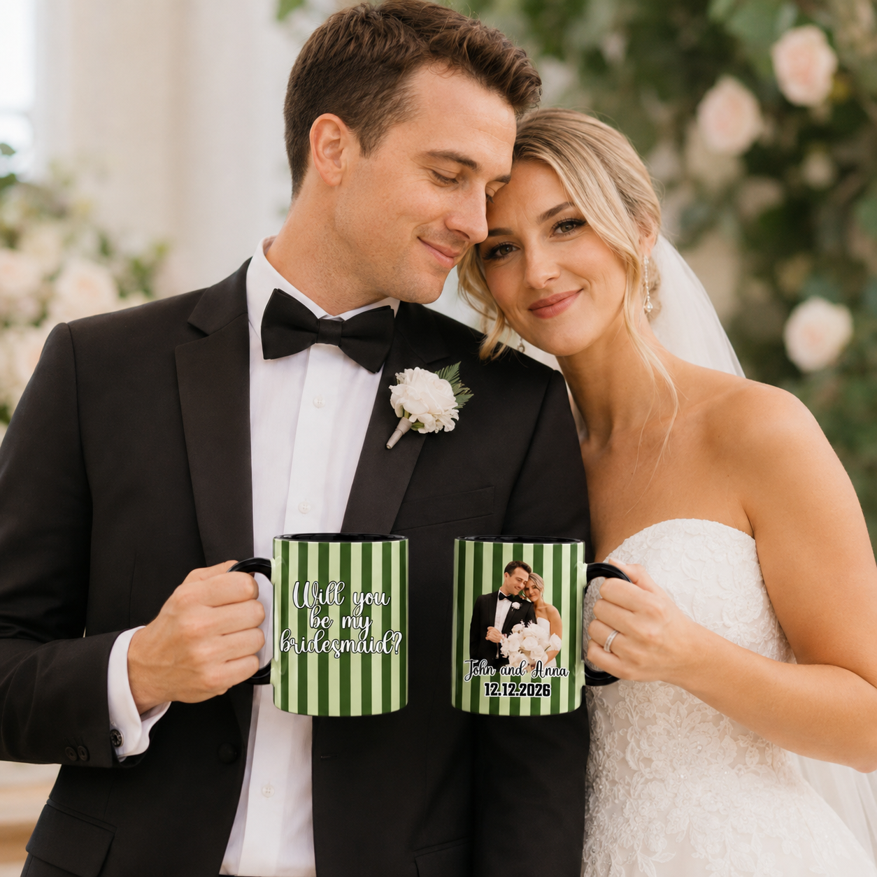 Personalized Striped "Will You Be My Bridesmaid?" & Couple Photo Ceramic Coffee Mug, Custom Wedding Proposal Keepsake 11oz & 15oz