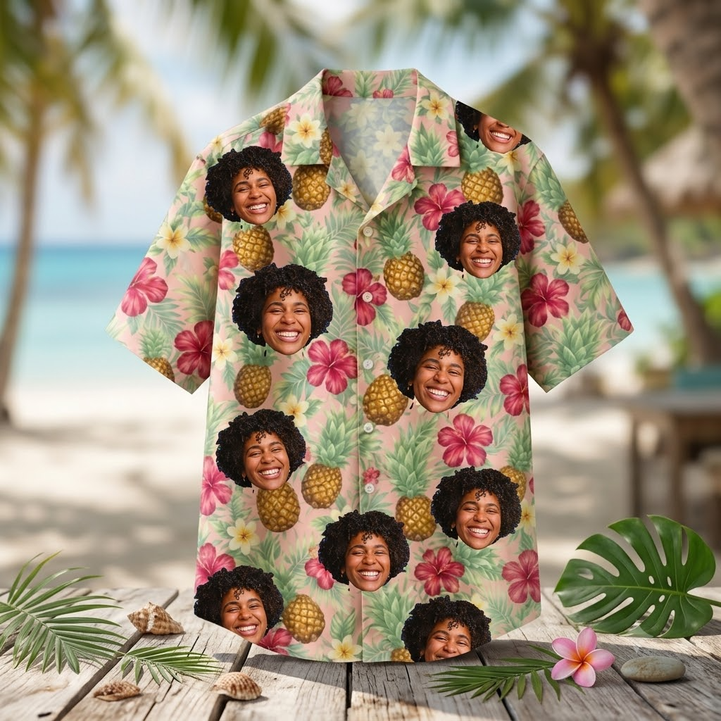 Personalized Custom Face Hawaiian Shirt Pineapple Hibiscus Tropical Beach Vacation Gift