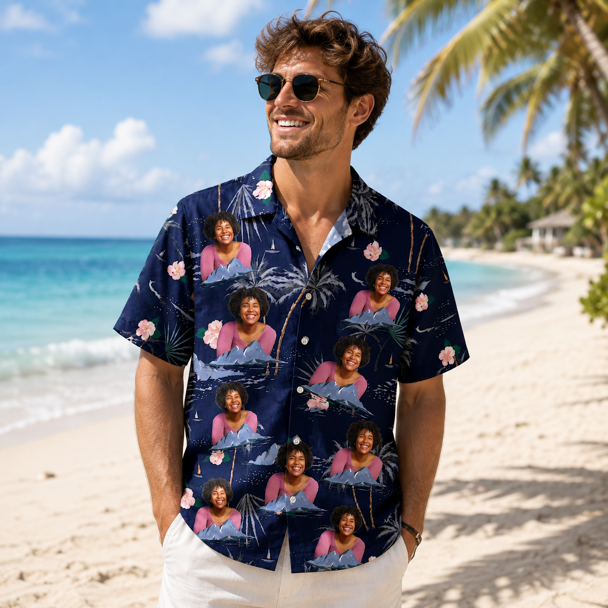 Personalized Custom Face Hawaiian Shirt Tropical Ocean Sunset Vacation Gift