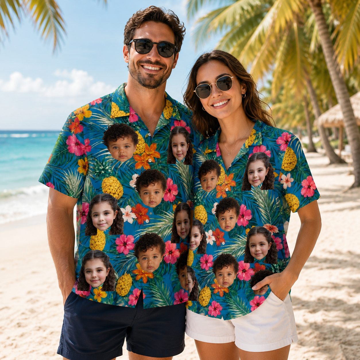 Personalized Custom Face Hawaiian Shirt Tropical Pineapple Floral Family Vacation Gift