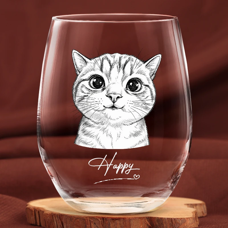 Custom Photo Pencil Sketch Art Family Besties Dog Cat Portrait - Personalized Stemless Wine Glass