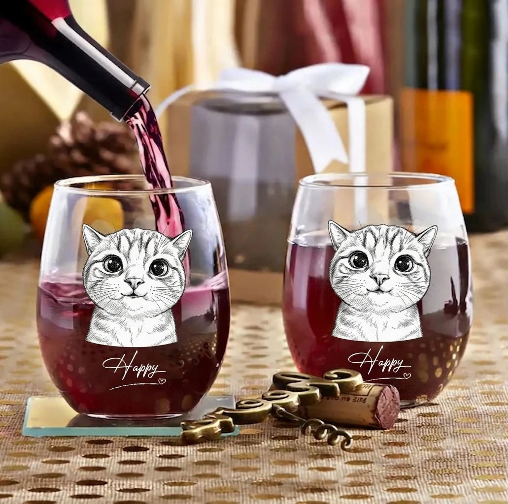 Custom Photo Pencil Sketch Art Family Besties Dog Cat Portrait - Personalized Stemless Wine Glass