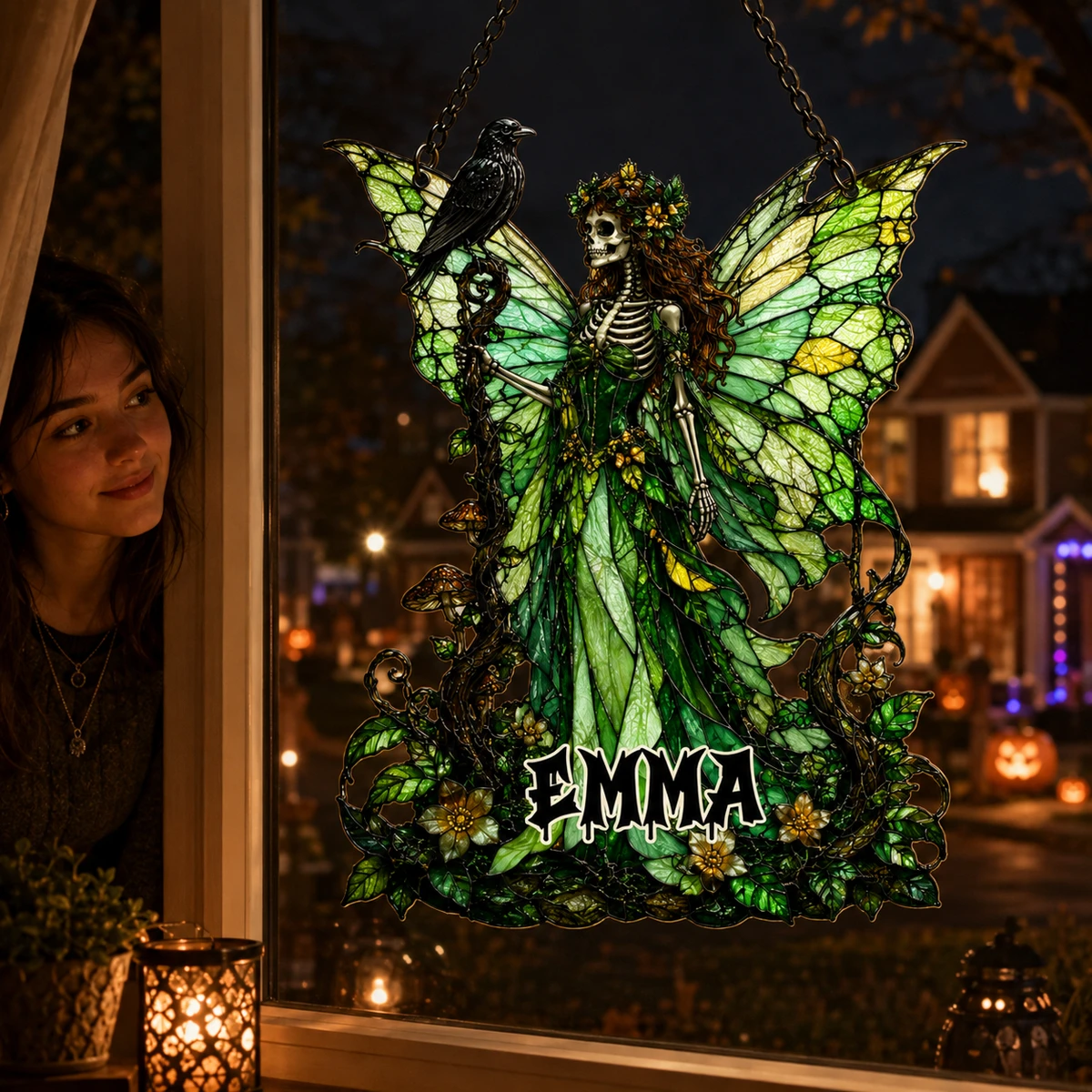 Gothic Forest Skeleton Fairy Acrylic Suncatcher, Green Raven Witch Faux Stained Glass Window Hanging, Gift For Her
