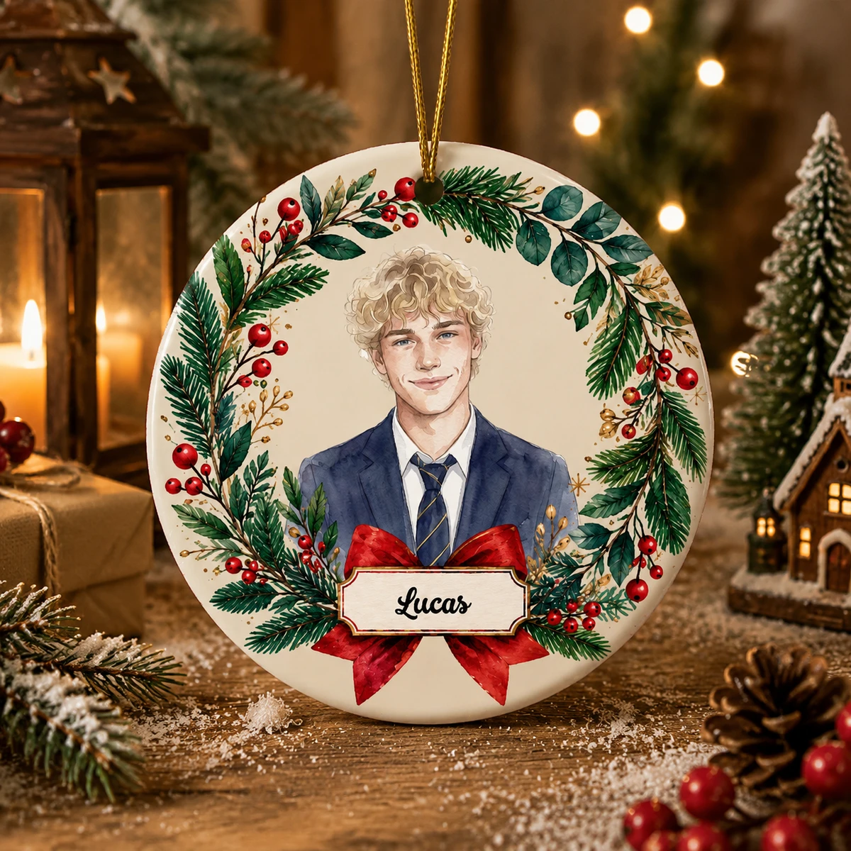 Personalized Ceramic Christmas Ornament Round Shape Custom Photo Name Christmas Wreath Red Bow Christmas Gift