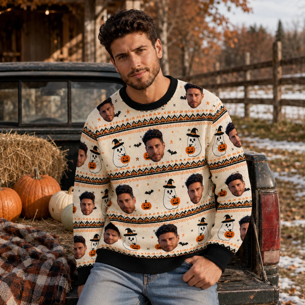 Snowman Ghost Bat Sweatshirt - Custom Face Halloween Ugly Sweatshirt