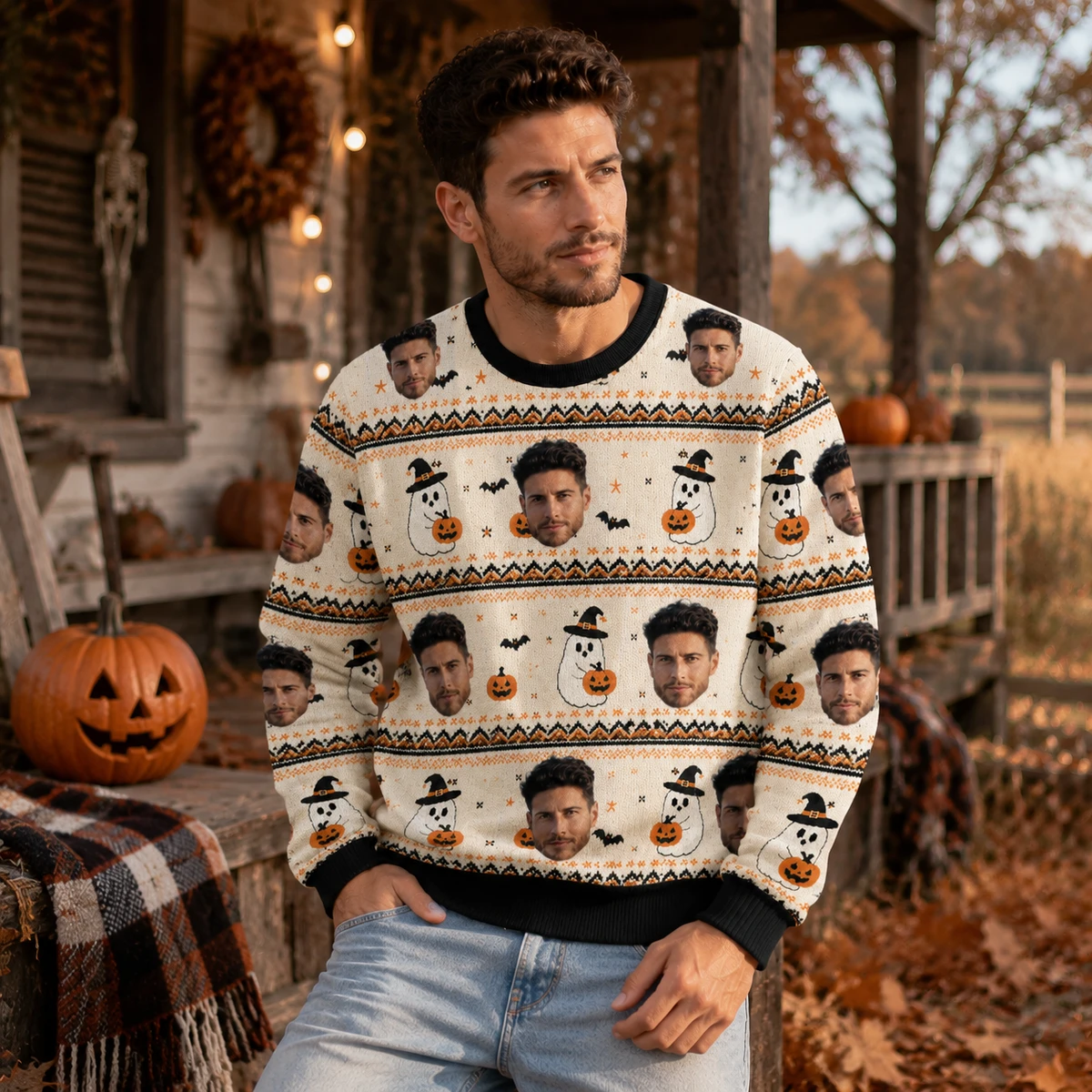 Snowman Ghost Bat Sweatshirt - Custom Face Halloween Ugly Sweatshirt