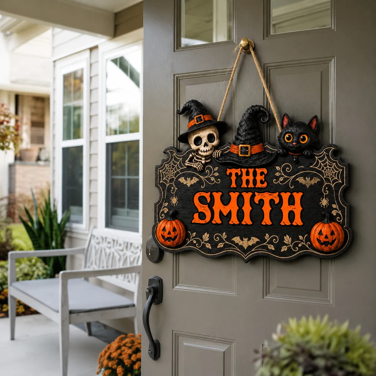 Halloween Family Door Sign Custom Name, Witch Hat Skull Cat Hanging Decoration, Rustic Black Wood Welcome Sign, Front Door Porch Wall Decor for Halloween Lovers