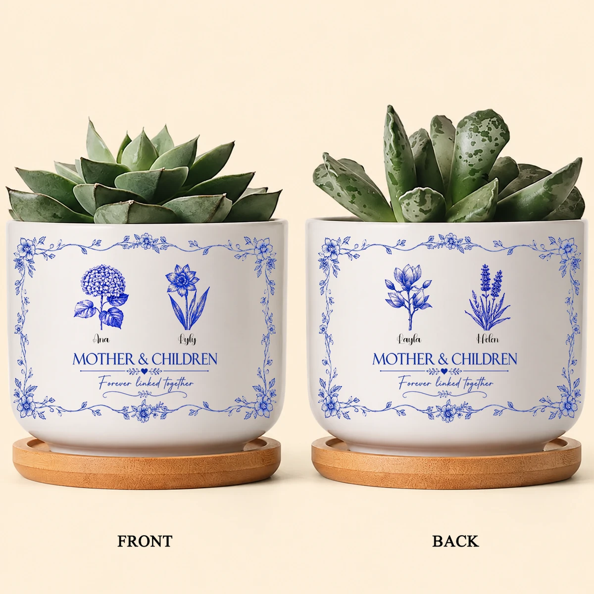 Mother & Daughters Forever Linked Together Birth Flower - Personalized Ceramic Plant Pot