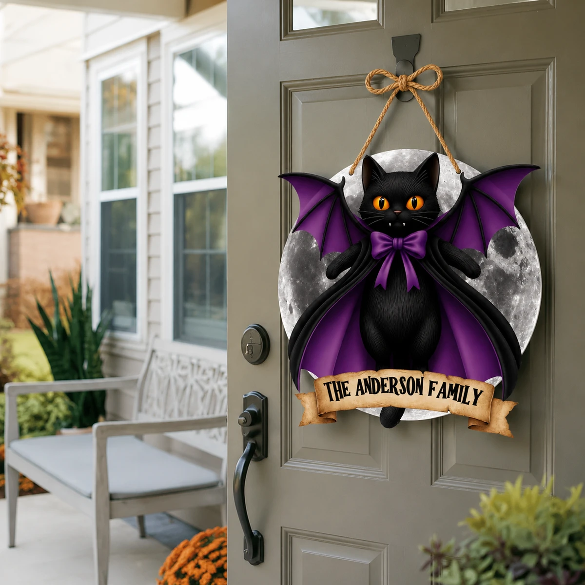 Personalized Black Cat Halloween Door Hanger, Custom Family Name Sign with Witch Cat, Bat Wings & Blood Moon Design, Cute Spooky Halloween Front Door Decor