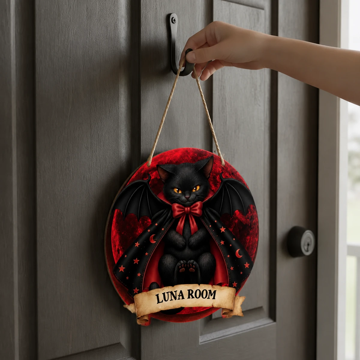 Personalized Black Cat Halloween Door Hanger, Custom Family Name Sign with Witch Cat, Bat Wings & Blood Moon Design, Cute Spooky Halloween Front Door Decor