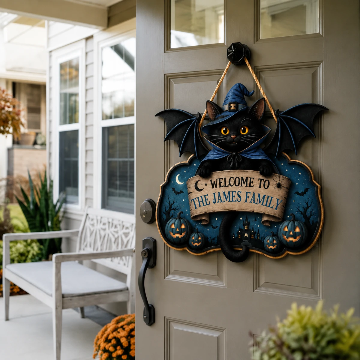 Halloween Cat Door Sign Custom Text, Witch Hat Black Cat Bat Decoration with Purple Night Scene, Spooky Wall Hanging Decor for Door, Room & Home